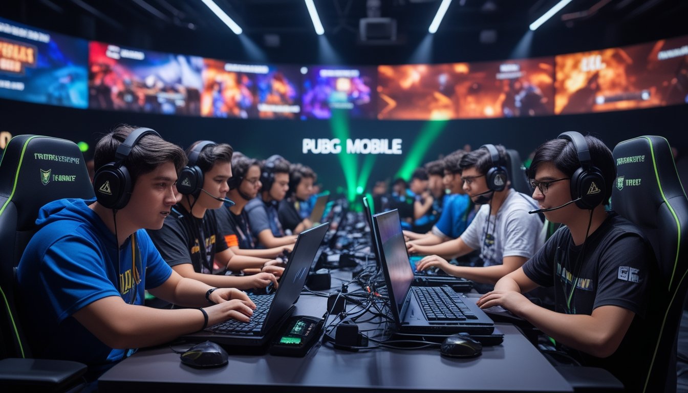 Sekelompok pemain esports muda sedang fokus bermain di turnamen dengan layar besar menampilkan permainan PUBG Mobile dan League of Legends.