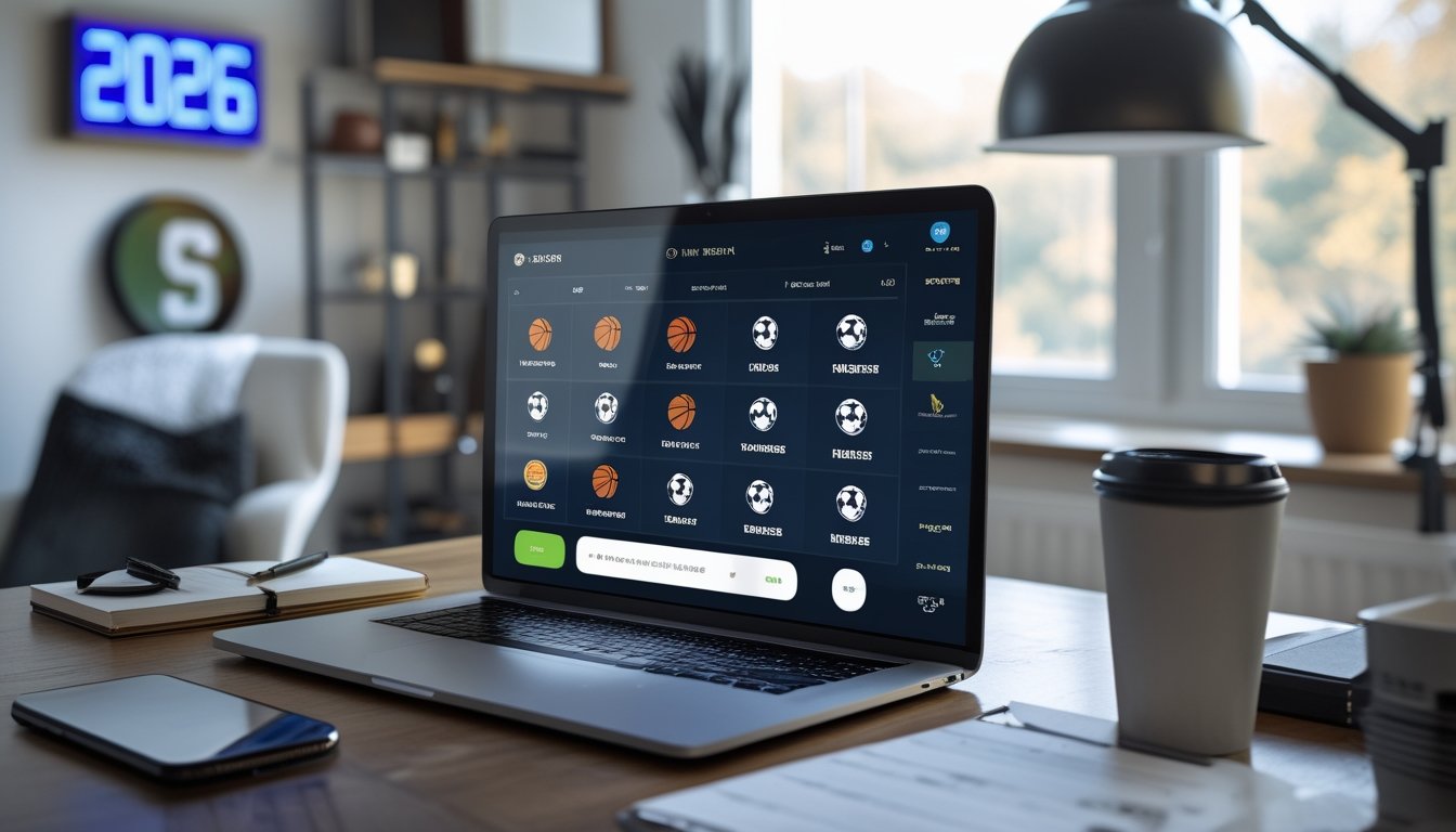 Seorang dewasa muda duduk di depan laptop di ruang kerja rumah yang terang, fokus pada layar yang menampilkan berbagai pilihan taruhan olahraga online.