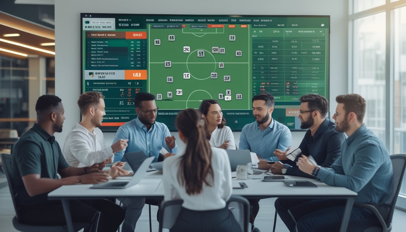 Sekelompok orang sedang berdiskusi dan menganalisis data taruhan sepak bola di sebuah kantor modern dengan layar digital yang menampilkan diagram lapangan sepak bola dan statistik taruhan.