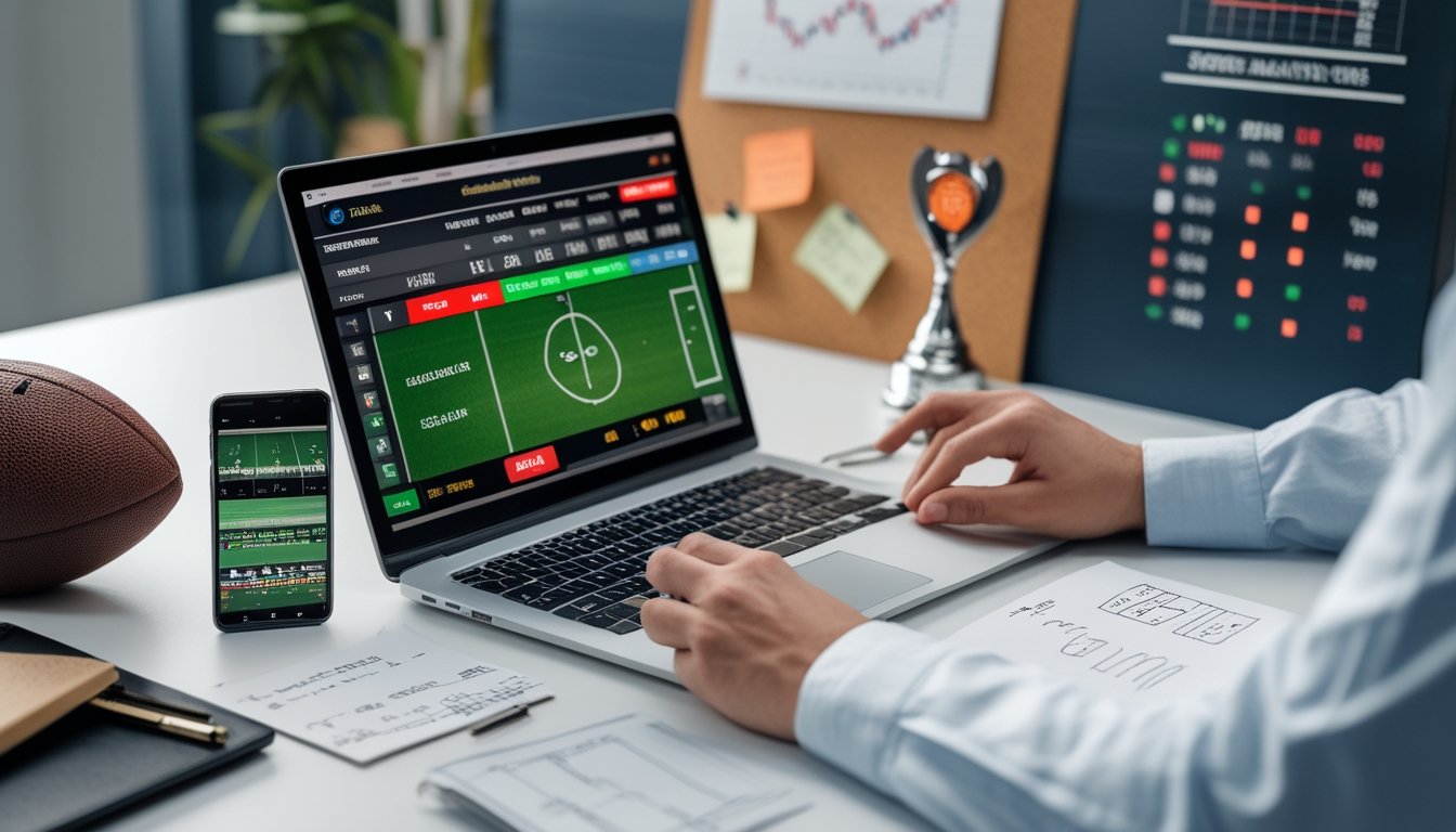 Meja kerja dengan laptop, catatan, dan ponsel yang menampilkan informasi terkait taruhan sepak bola dan analisis olahraga.