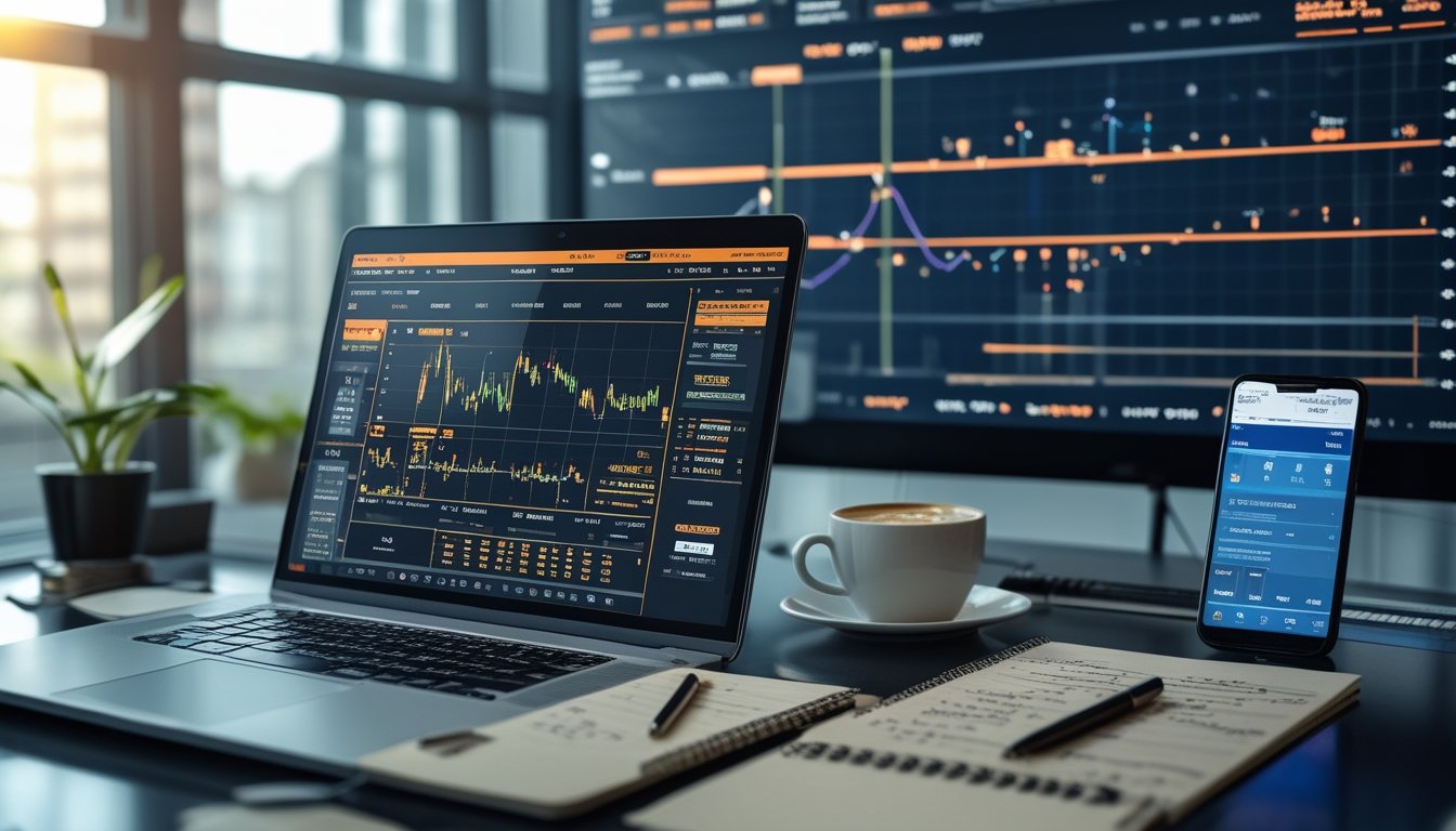 Sebuah ruang kerja modern dengan laptop yang menampilkan statistik olahraga, catatan di buku, dan layar besar dengan data pertandingan di latar belakang.
