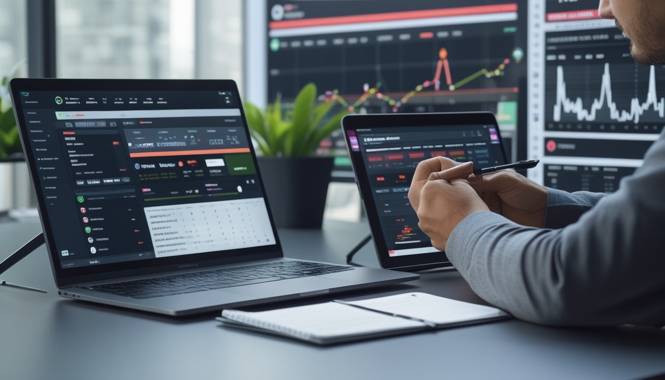 Seorang profesional sedang menganalisis data pertandingan olahraga menggunakan perangkat digital di meja kerja modern.
