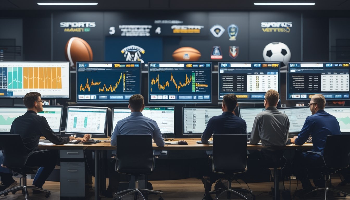 Sekelompok orang sedang menganalisis data taruhan olahraga di depan layar digital besar di sebuah kantor modern.