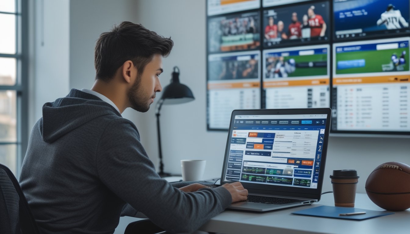 Seorang pria muda duduk di meja dengan laptop dan layar besar menampilkan berbagai pertandingan olahraga, sedang menganalisis data dan mencatat di ruang yang terang dan rapi.