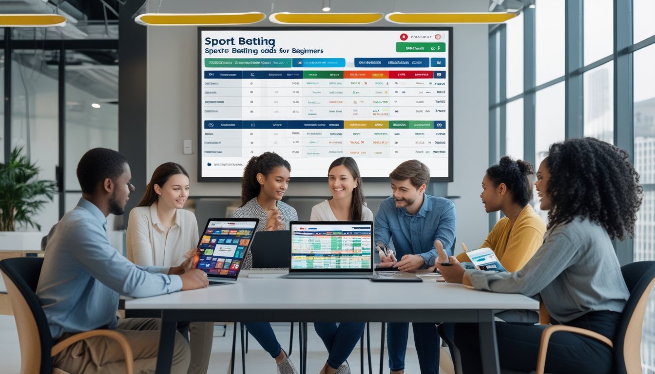 Sekelompok orang muda sedang belajar membaca odds dalam judi olahraga di sebuah ruang kerja yang terang dengan perangkat digital.