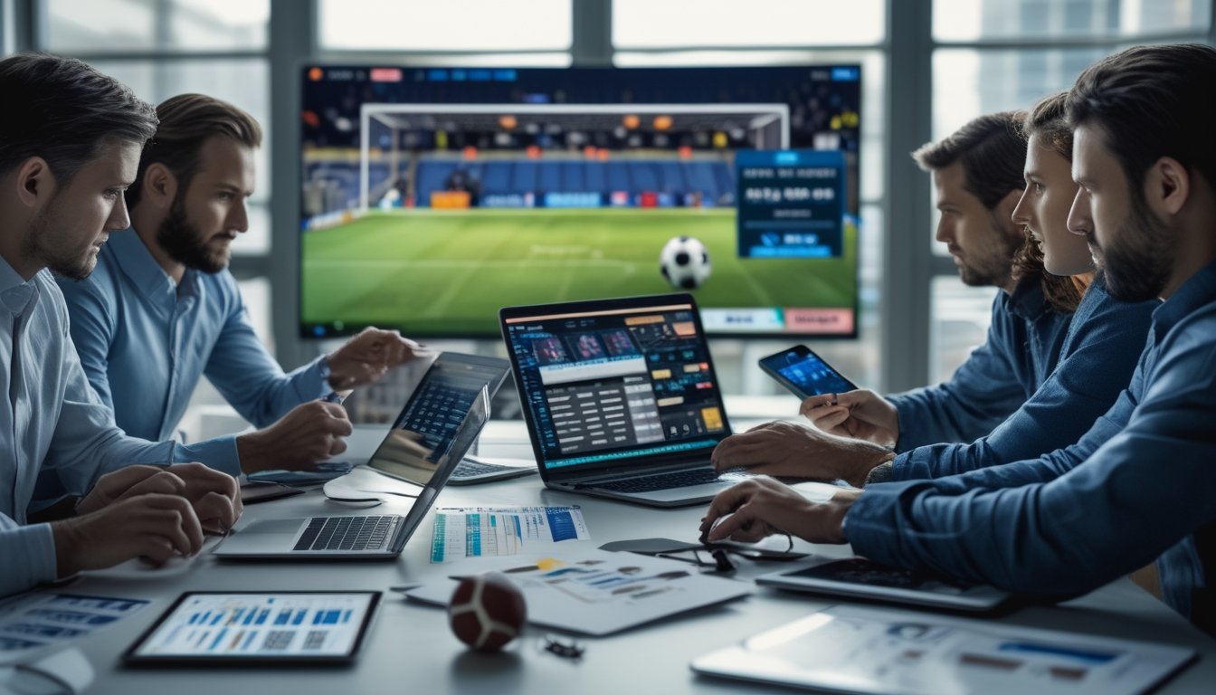 Sekelompok orang sedang menganalisis data sepak bola dengan perangkat digital di ruang kantor modern.