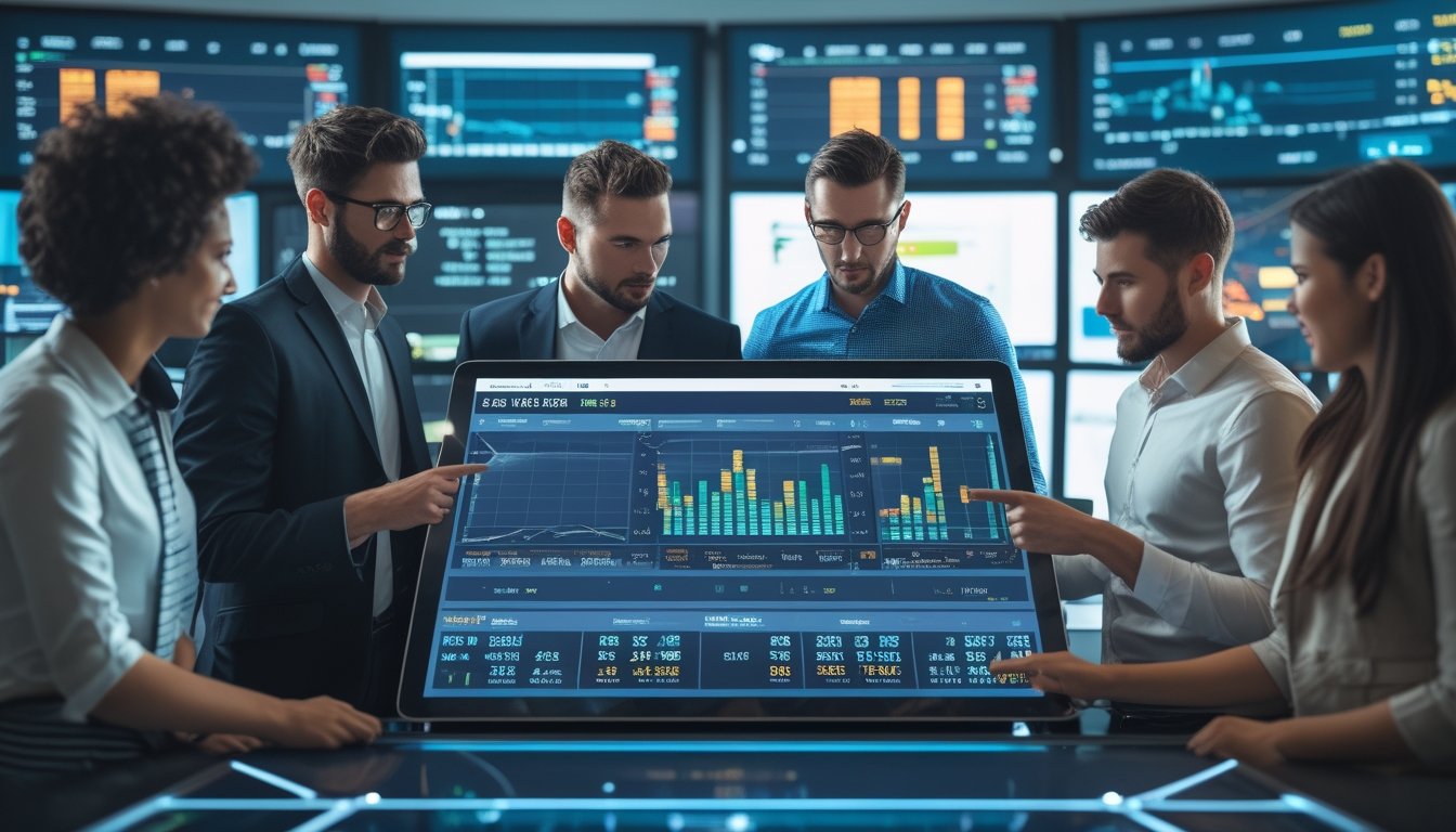 Sekelompok analis sedang berdiskusi di sekitar meja digital dengan grafik dan data sepak bola di layar, di ruang kantor modern.