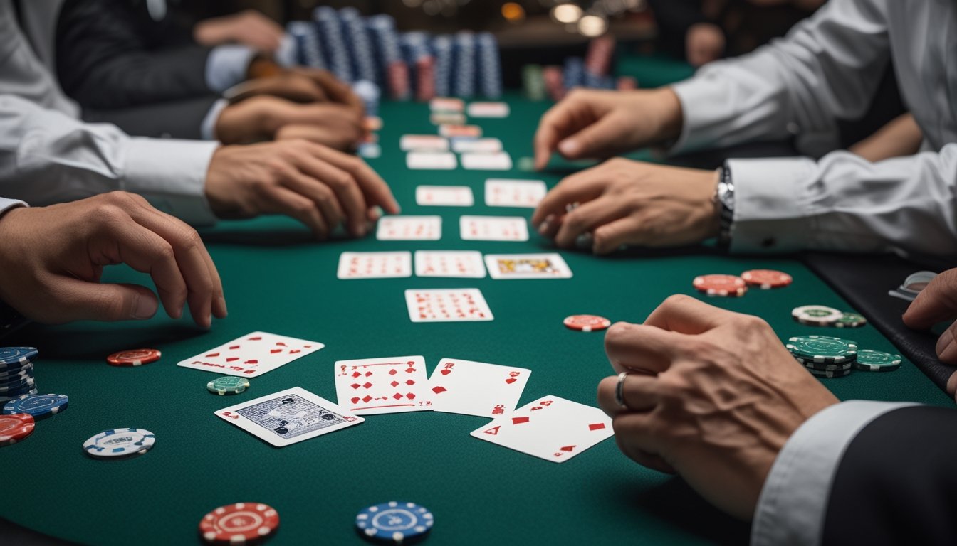 Meja poker dengan pemain yang sedang menyusun kartu Capsa Susun secara strategis.