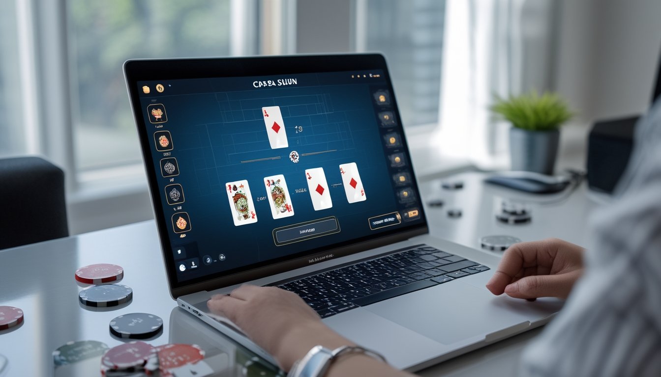 Seorang pemain duduk di depan laptop dengan tampilan permainan kartu Capsa Susun online, di meja terdapat kartu dan chip poker.
