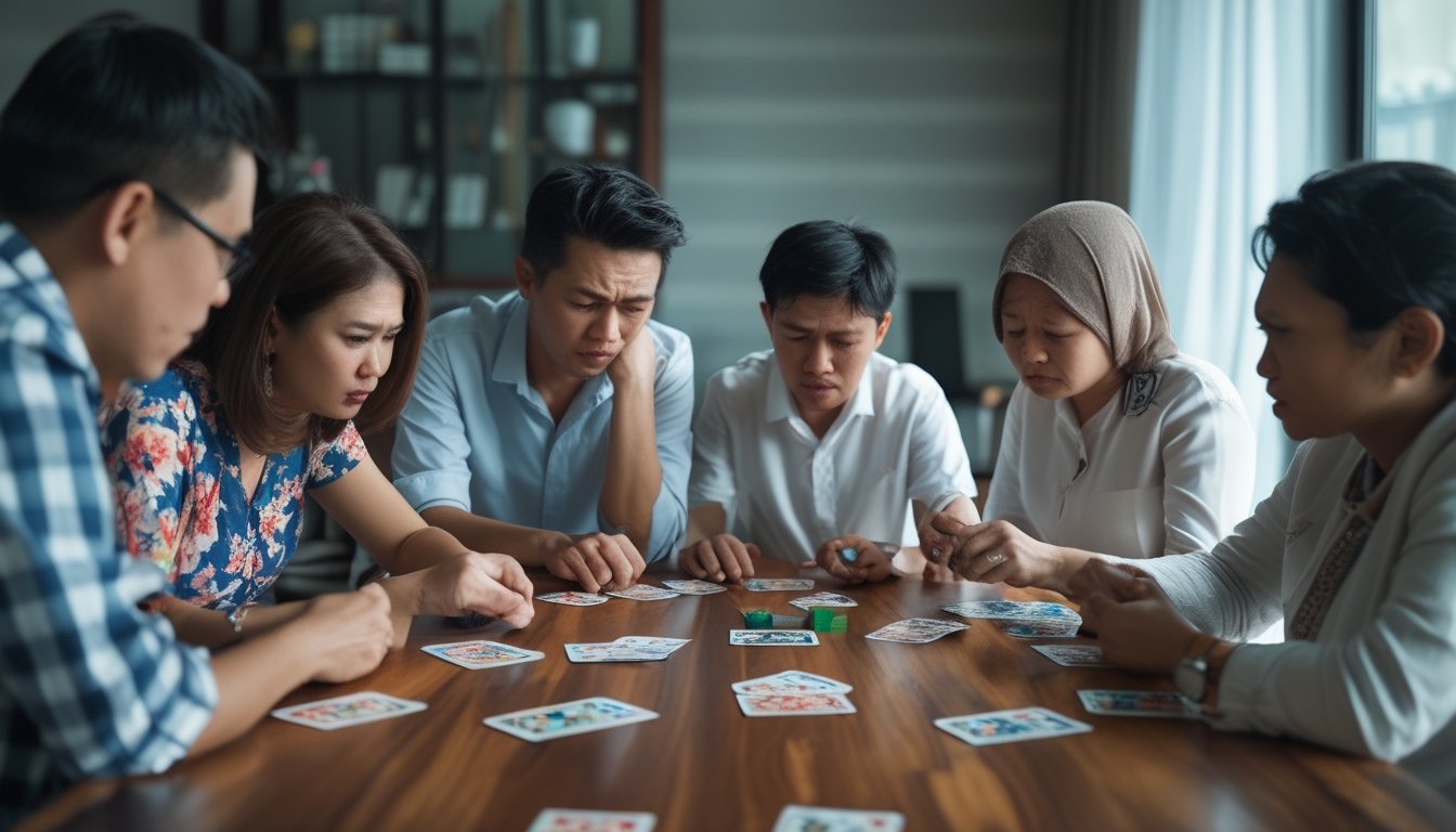Beberapa orang sedang bermain Capsa Susun di meja, terlihat bingung dan frustrasi karena kesalahan dalam permainan.