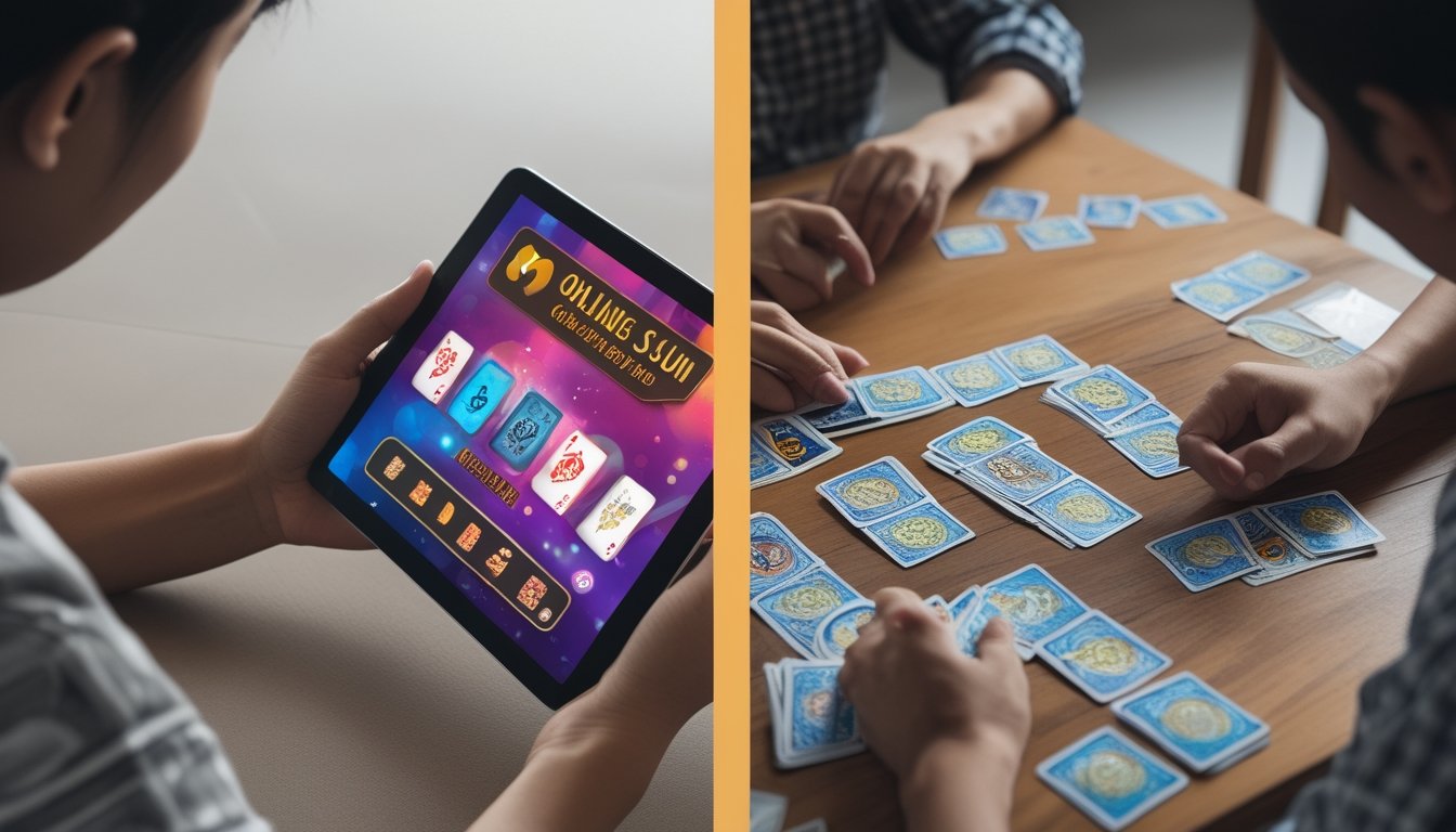 Seseorang bermain Capsa Susun online di perangkat digital di sebelah kiri, dan sekelompok orang bermain Capsa Susun tradisional dengan kartu fisik di meja kayu di sebelah kanan.