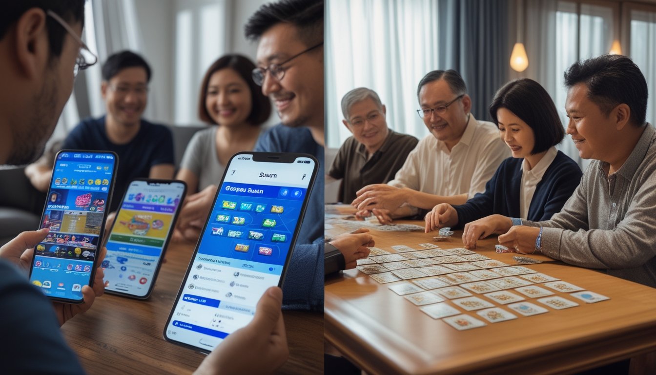 Orang-orang bermain Capsa Susun secara online menggunakan perangkat digital dan secara tradisional dengan kartu fisik di meja.