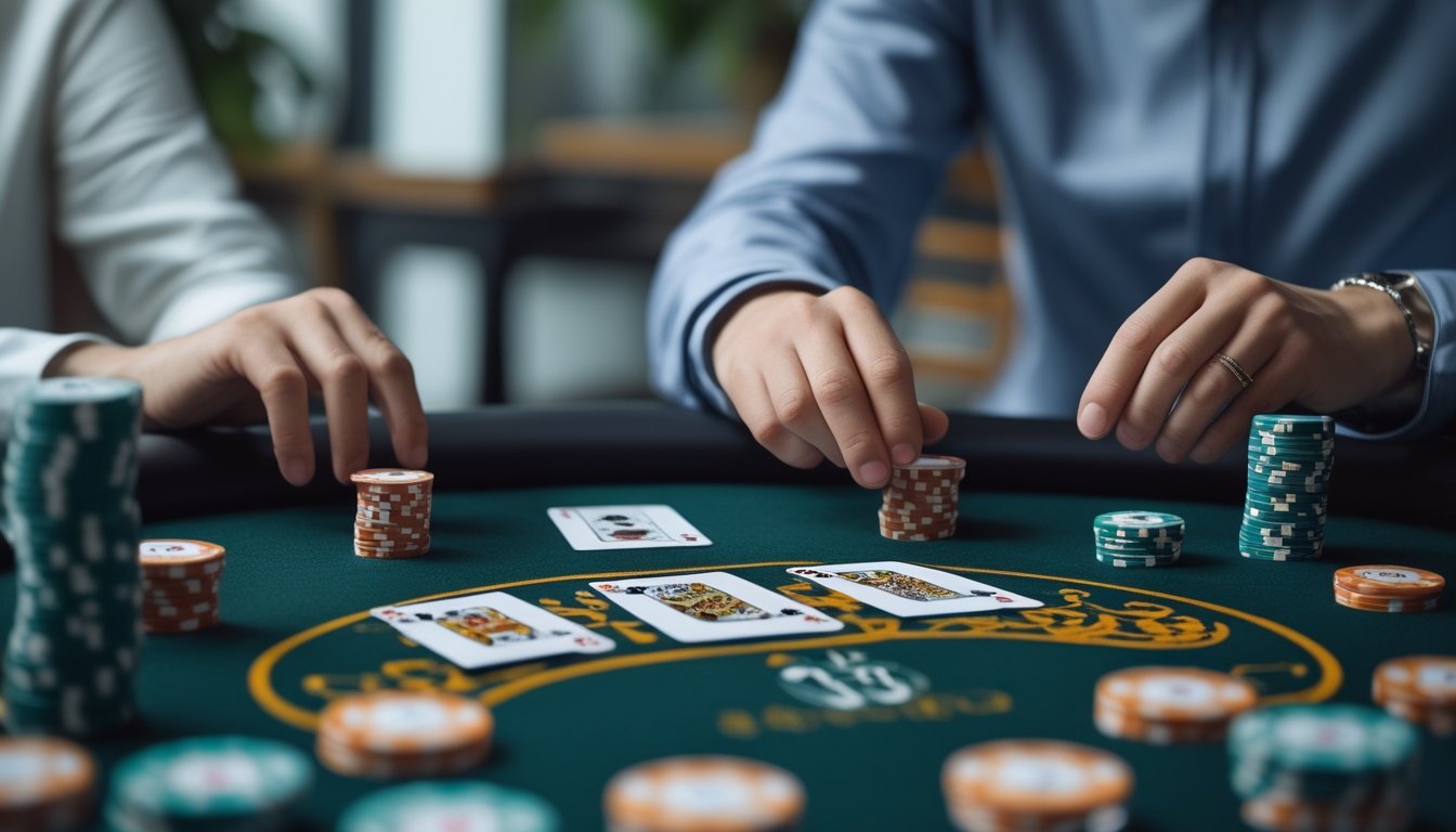 Seorang pemain sedang fokus membaca pola lawan dalam permainan Capsa Susun di meja poker modern.