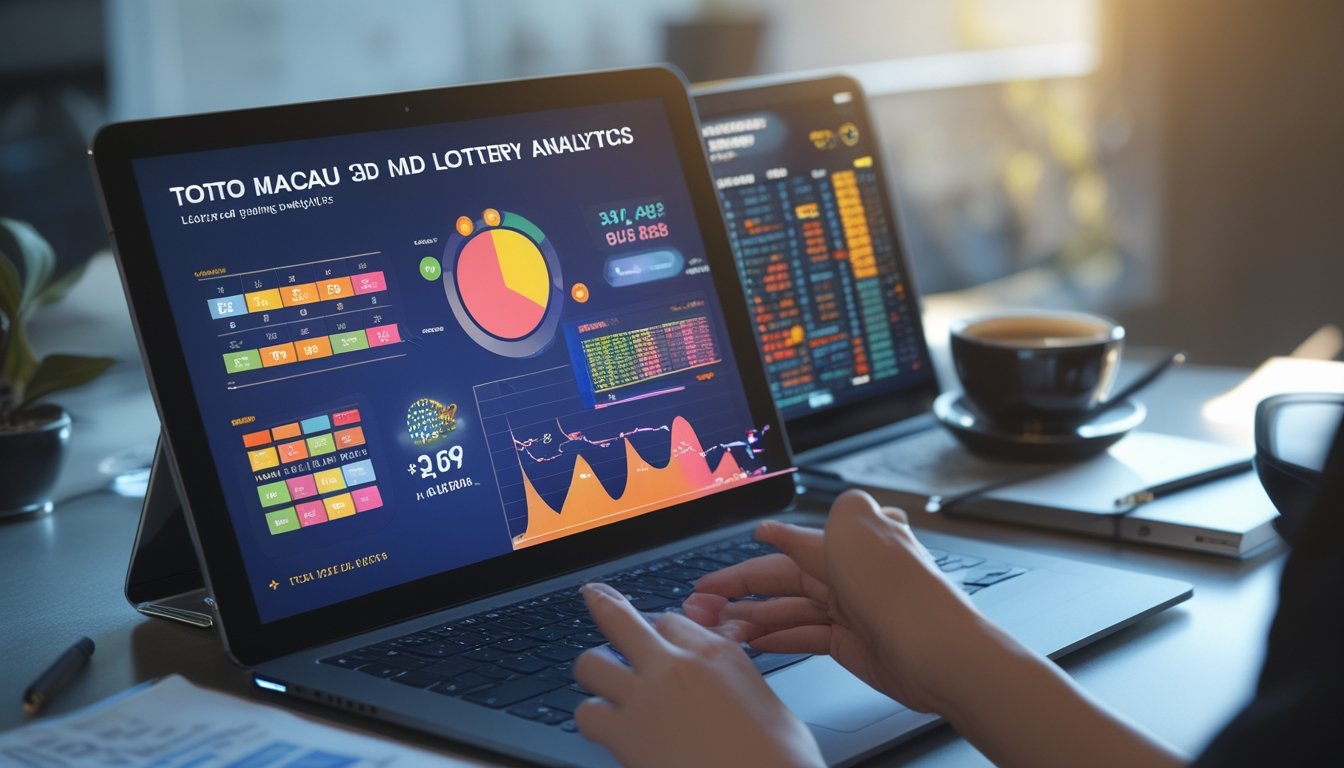 Meja kerja modern dengan perangkat digital menampilkan grafik dan angka terkait sistem Toto Macau 3D, tangan seseorang sedang berinteraksi dengan tablet.