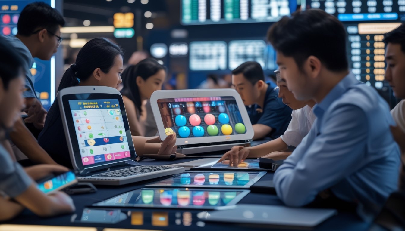 Orang-orang sedang bermain dan mempelajari permainan Toto Macau 3D dengan mesin lotere digital dan perangkat elektronik di meja.