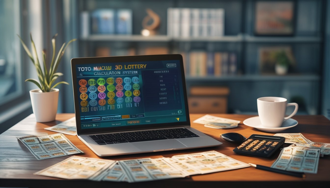 Seorang profesional sedang bekerja di meja dengan laptop yang menampilkan angka lotere 3D dan alat hitung di sekitarnya.