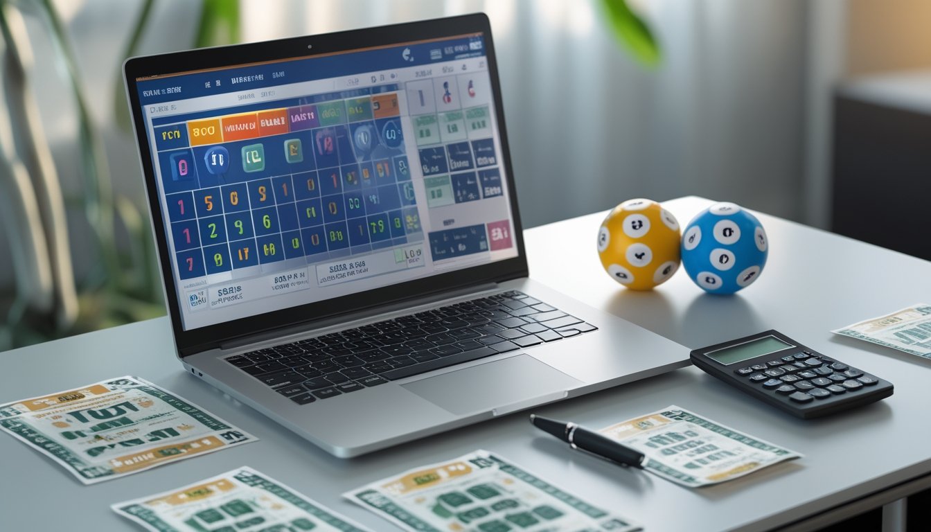 Meja kerja dengan laptop yang menampilkan angka lotre 3D berwarna-warni, tiket lotre, kalkulator, dan pena, menggambarkan konsep permainan Toto Macau 3D.