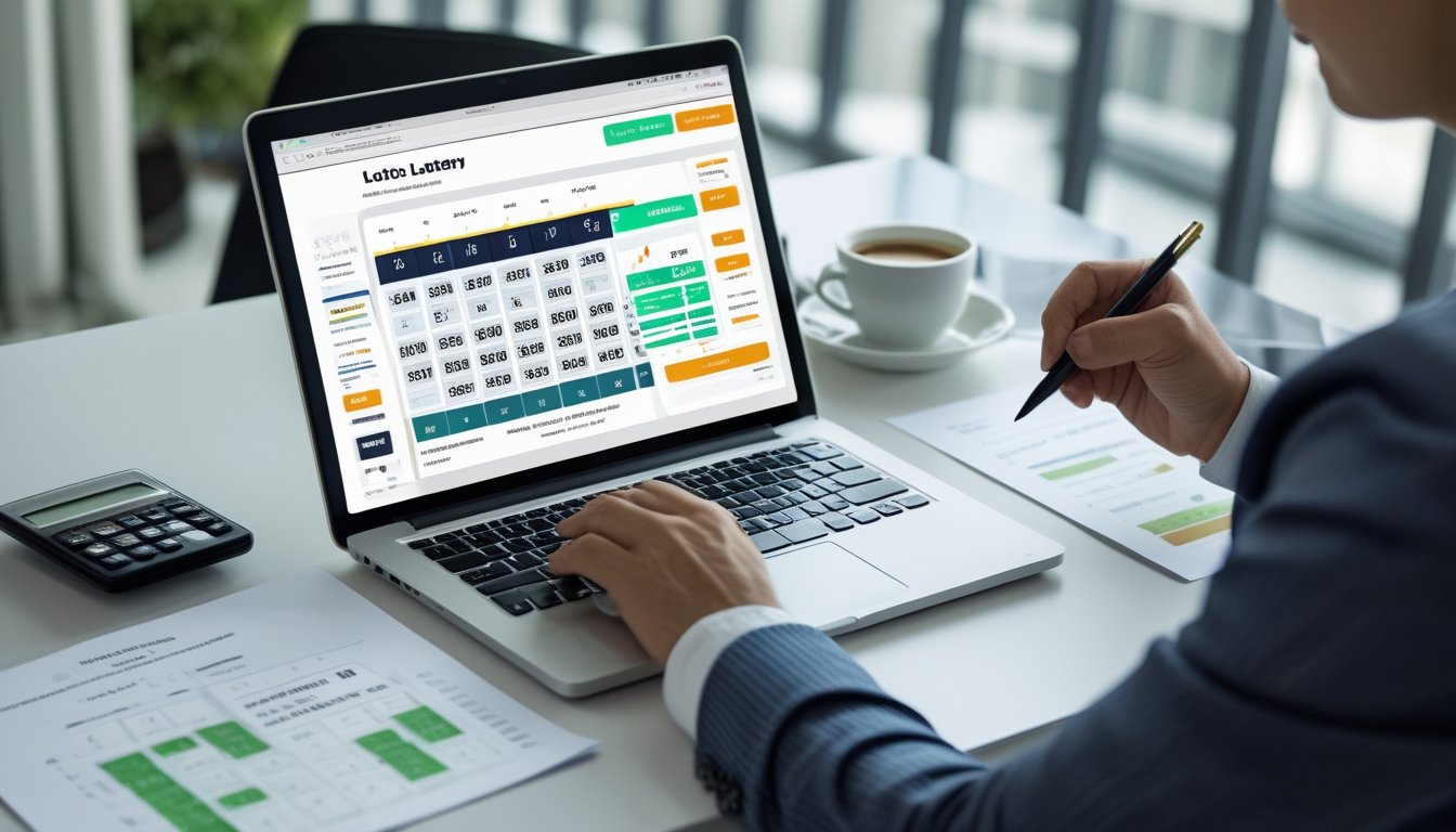 Seseorang sedang duduk di meja dengan laptop dan kertas hasil angka lotere, terlihat fokus menganalisis data.
