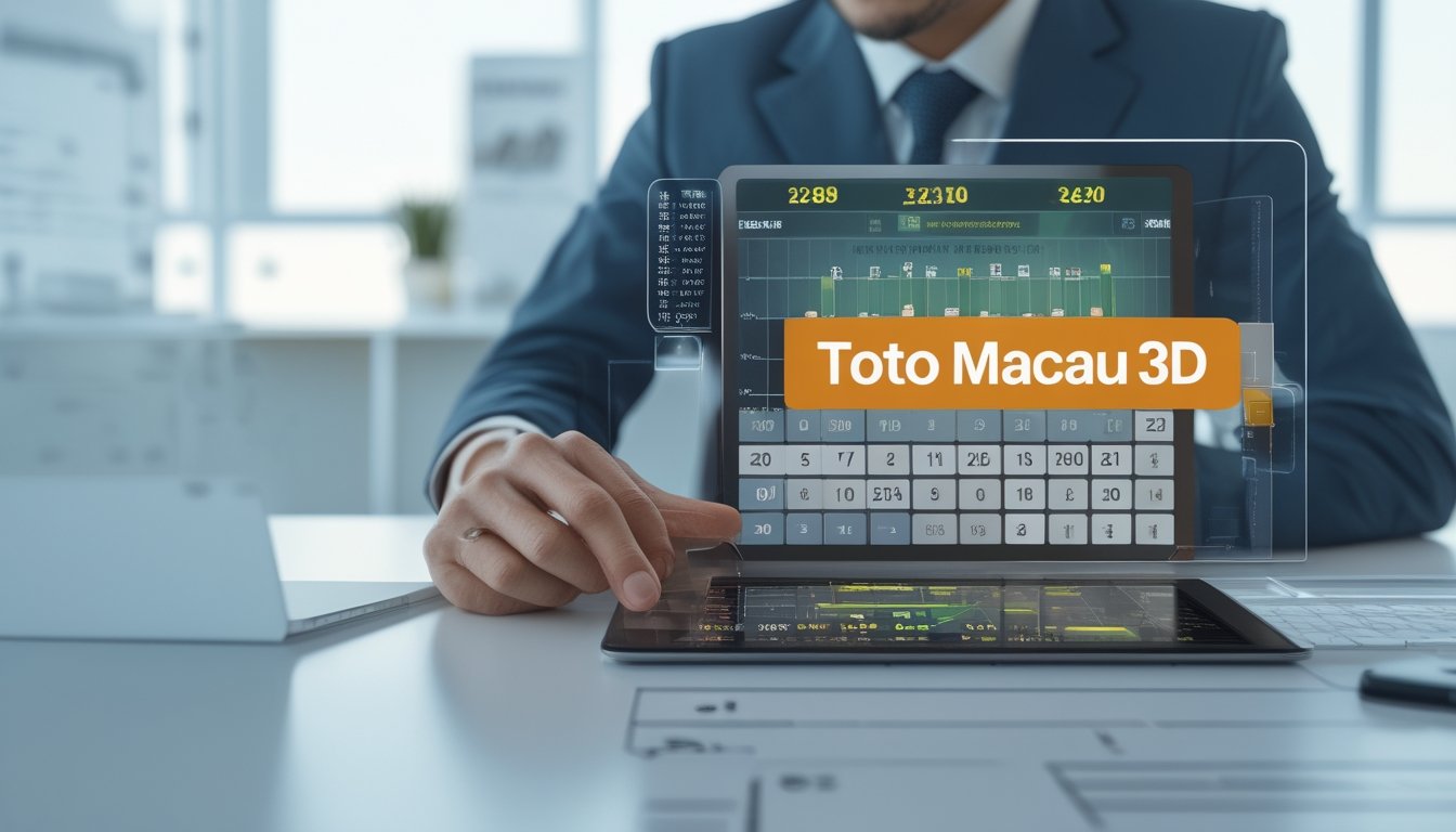 Seseorang sedang menganalisis hasil lotere Toto Macau 3D menggunakan perangkat digital di meja kerja yang rapi.
