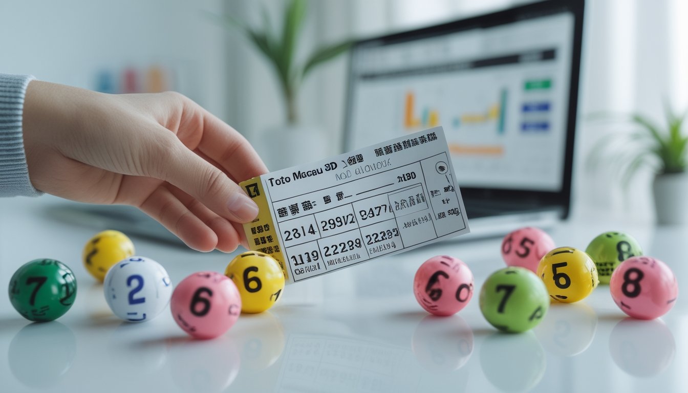 Tangan memegang tiket lotre dengan bola lotre berwarna-warni dan tampilan sistem lotre di latar belakang.