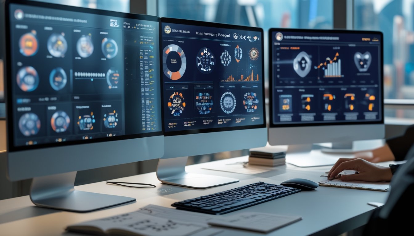 Seorang analis data bekerja dengan beberapa monitor yang menampilkan grafik dan visualisasi data 3D tentang hasil undian Toto Macau di sebuah meja kerja modern.