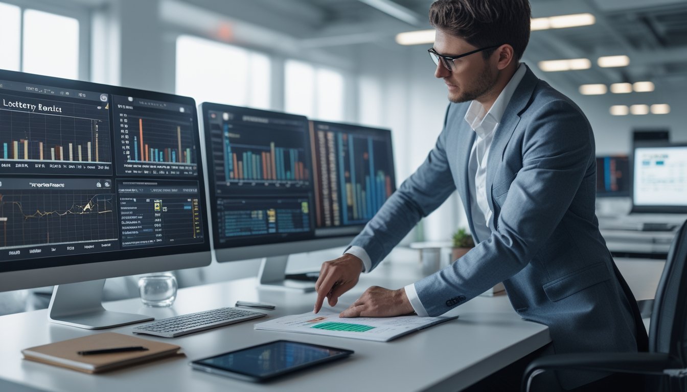 Seorang profesional sedang menganalisis data hasil undian lotere pada komputer di ruang kantor yang rapi dan terang.