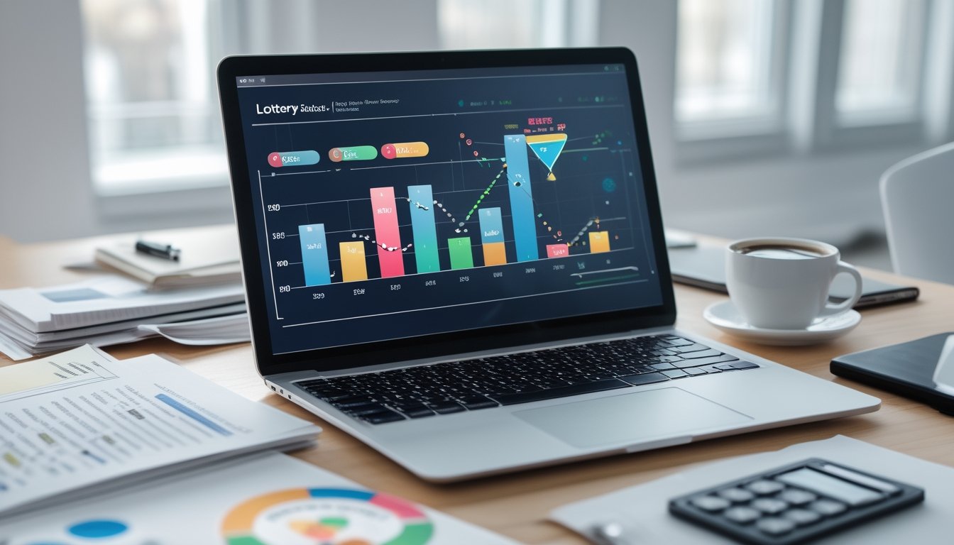 Meja kerja dengan laptop yang menampilkan grafik dan dokumen yang berhubungan dengan analisis statistik, di ruang kantor yang terang dan rapi.