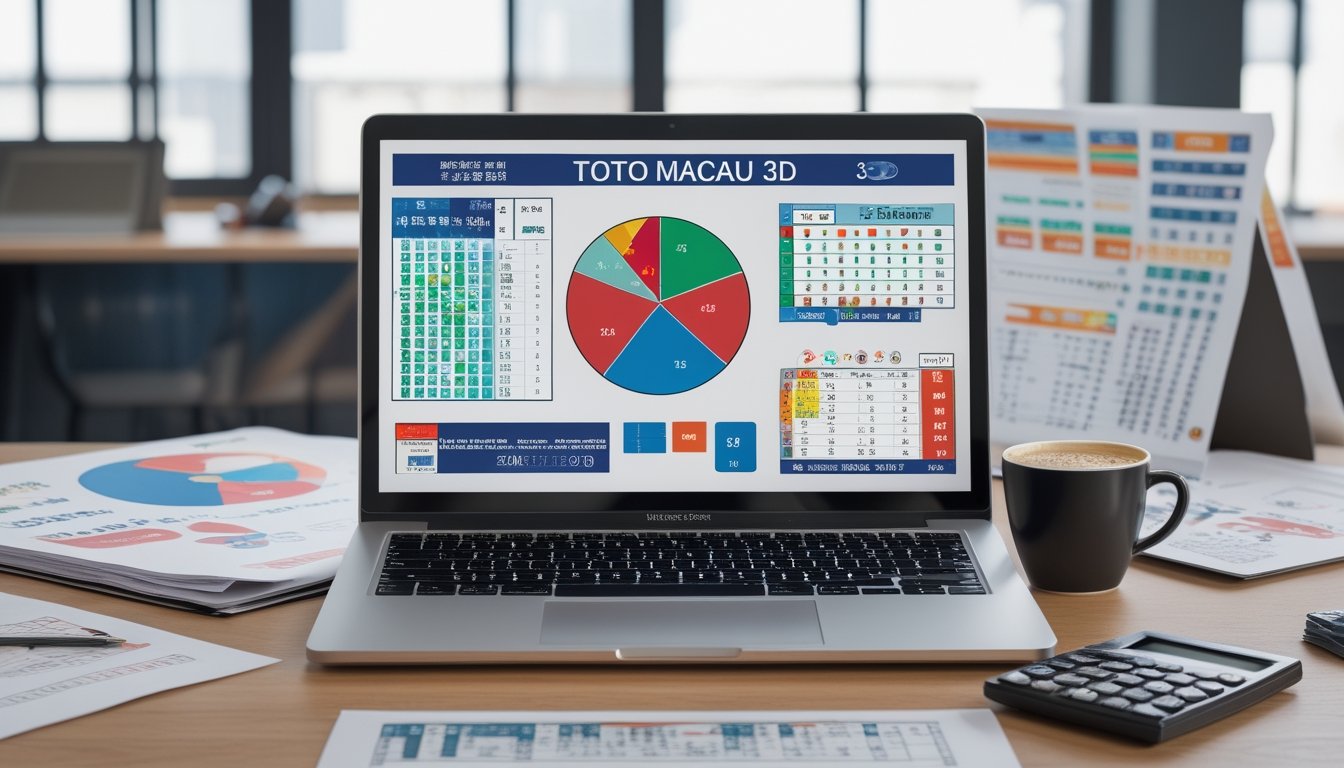 Meja kerja dengan laptop yang menampilkan grafik dan diagram statistik, kertas dengan angka dan data, kalkulator, dan cangkir kopi di ruang kantor yang terang.