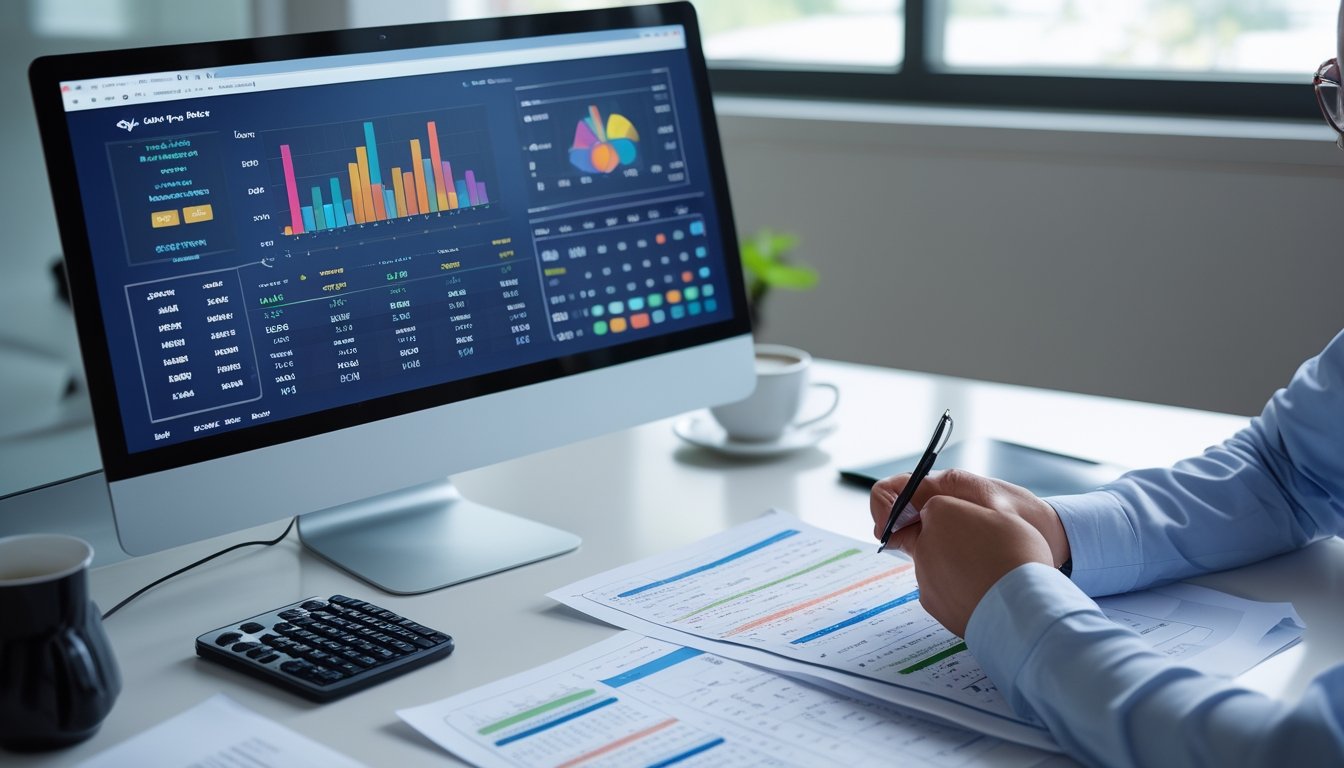 Seseorang sedang menganalisis data angka Toto Macau 3D di meja kerja dengan komputer dan dokumen.