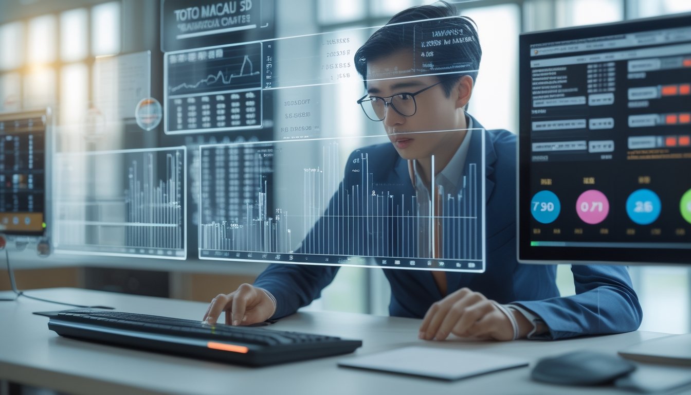 Seorang profesional sedang menganalisis data angka Toto Macau 3D di depan beberapa layar digital dengan grafik dan angka.