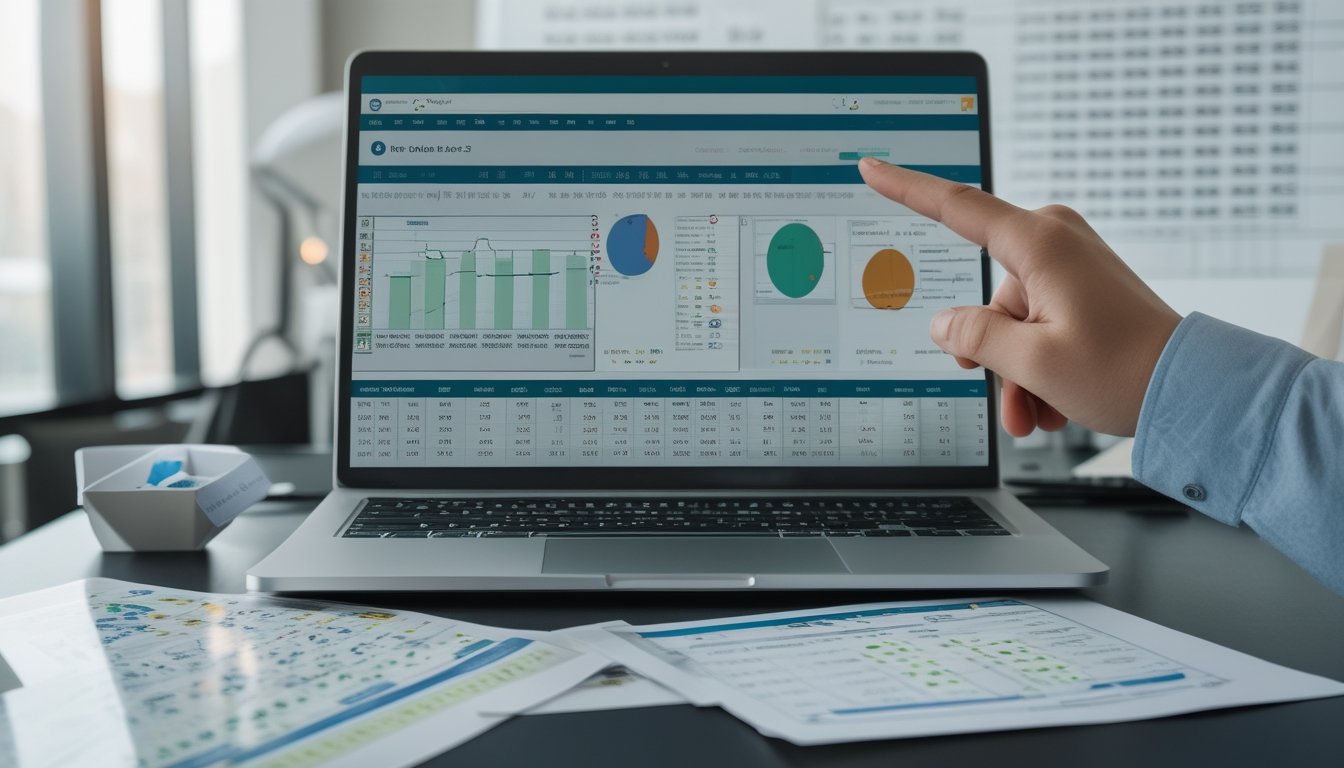 Meja kerja dengan laptop yang menampilkan grafik dan data angka, tangan menunjuk layar, serta lembar data statistik tersebar di meja.