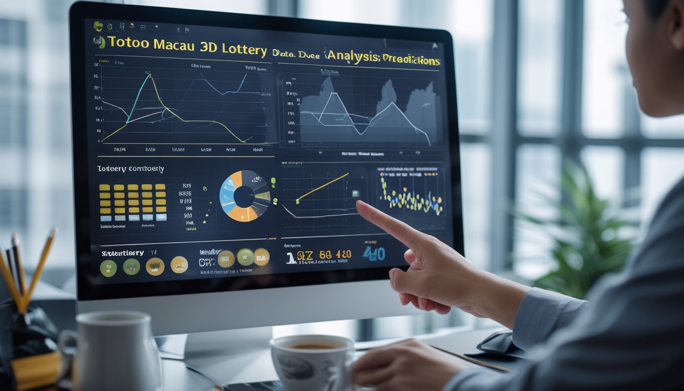 Seseorang sedang menganalisis data angka pada layar komputer di sebuah meja kerja modern.