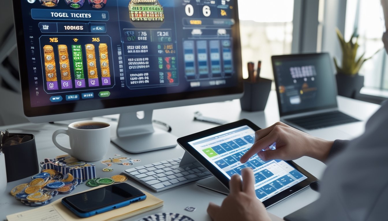 Meja kerja modern dengan komputer menampilkan grafik permainan slot dan data statistik, tangan seseorang sedang menganalisis dengan pena dan buku catatan.