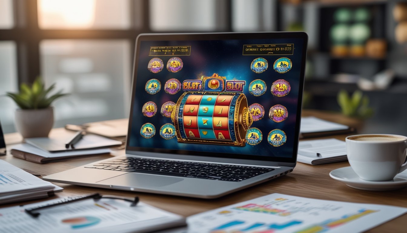 Meja kerja dengan laptop yang menampilkan grafik mesin slot, catatan dan cangkir kopi di sekitarnya.