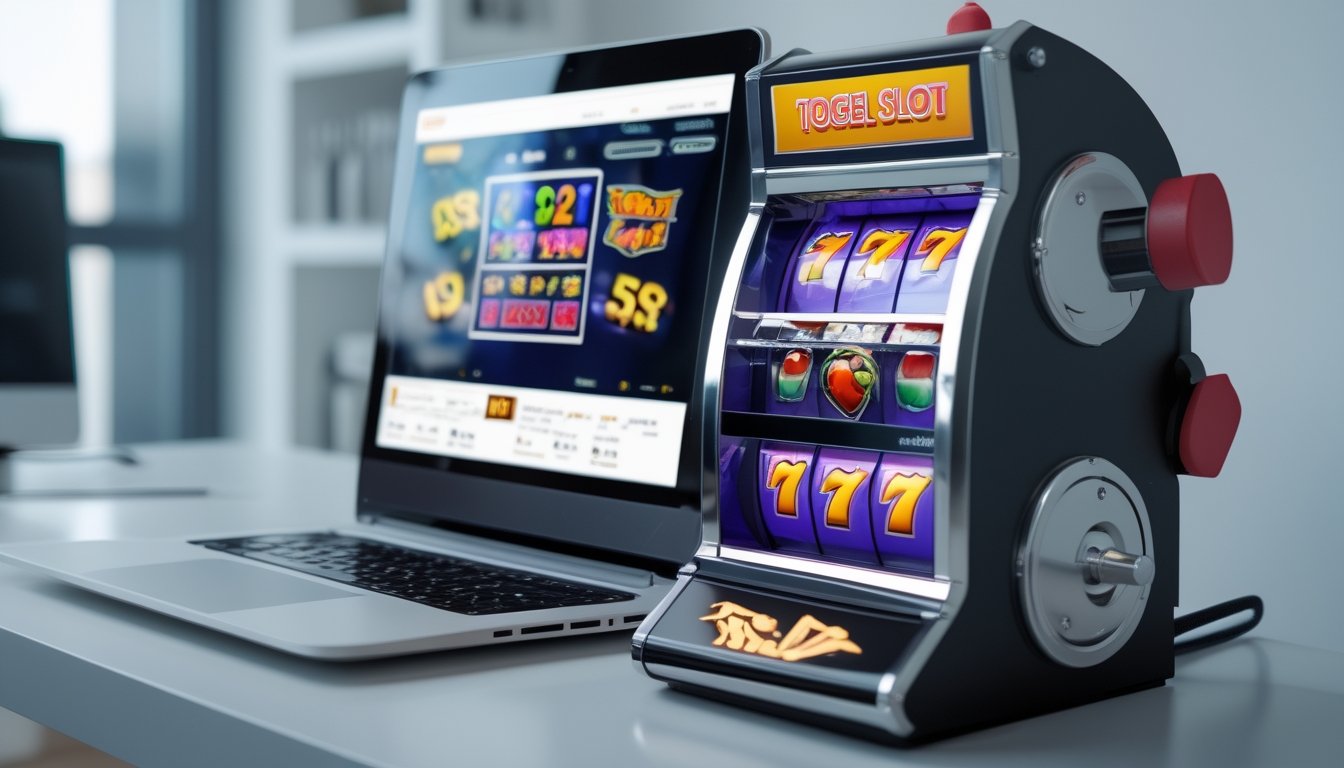 Sebuah laptop menampilkan permainan Togel Slot online berwarna-warni di sebelah mesin slot tradisional dengan gulungan berputar di ruangan yang terang dan modern.