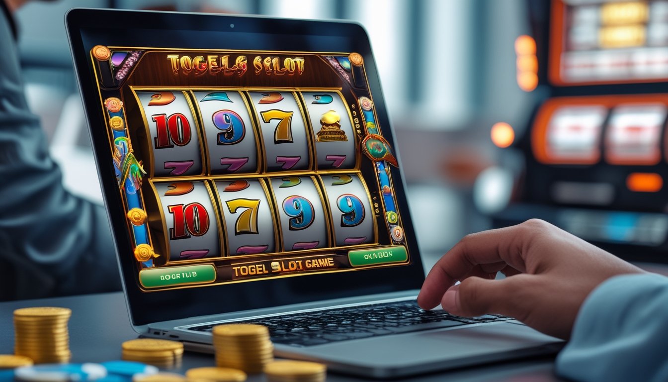 Sebuah laptop menampilkan permainan Togel Slot online berwarna-warni di samping mesin slot fisik dengan tuas dan gulungan yang berputar.
