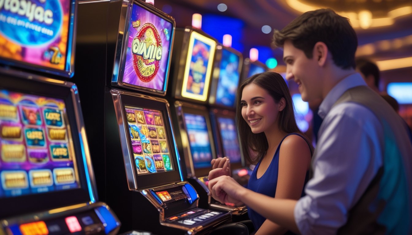 Seorang pemula memilih permainan mesin slot di dalam kasino yang modern dan ramai.