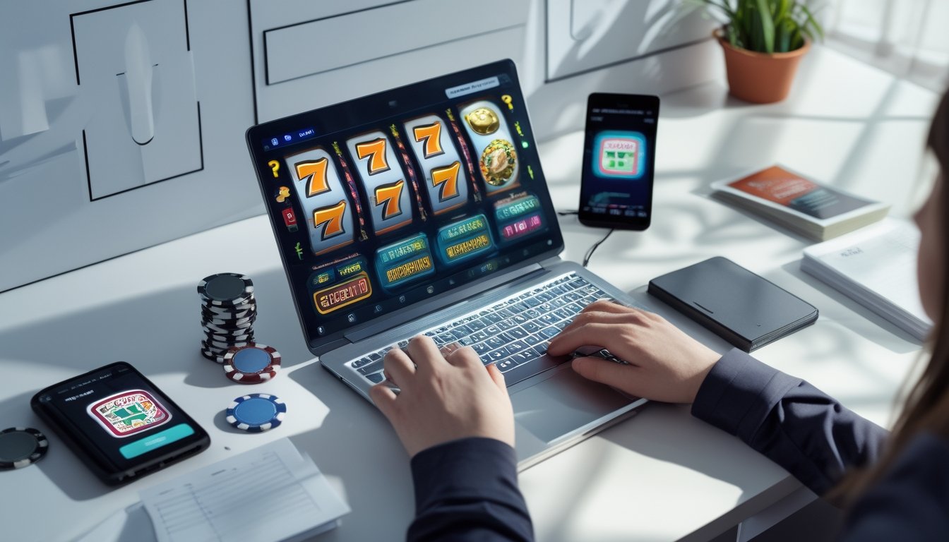 Seorang pengguna sedang menggunakan laptop dengan tampilan permainan slot online, dikelilingi oleh catatan dan ponsel di meja kerja yang rapi.