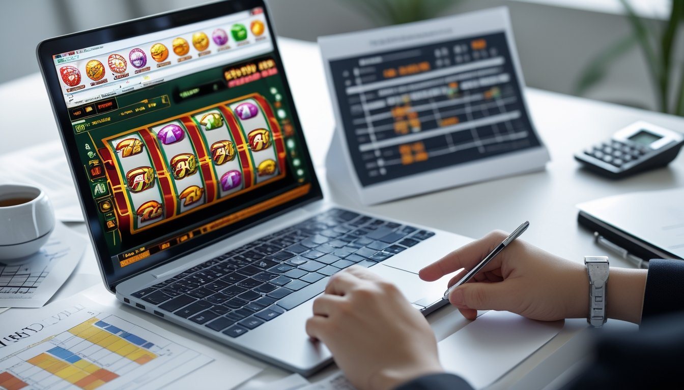 Seorang profesional sedang menganalisis peluang dan risiko permainan Togel Slot online di depan laptop dengan grafik dan alat tulis di meja.
