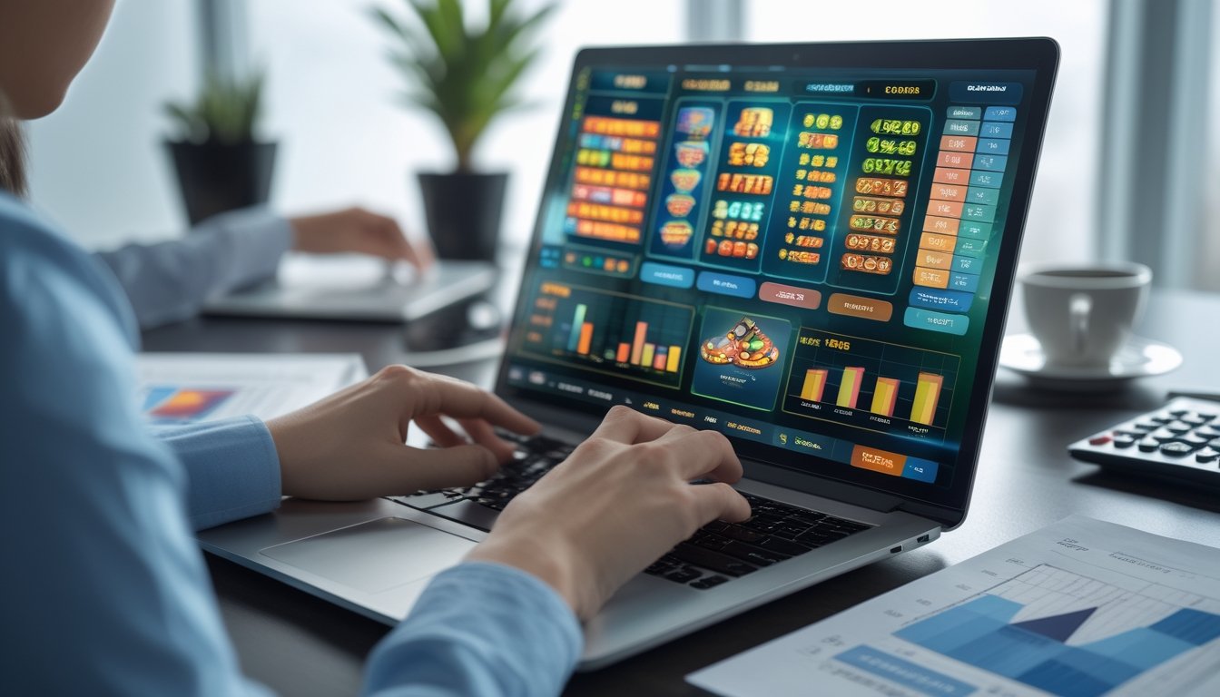 Seorang individu sedang menggunakan laptop dengan grafik permainan slot dan grafik statistik di layar, dikelilingi oleh kertas dengan grafik dan kalkulator di atas meja kerja.