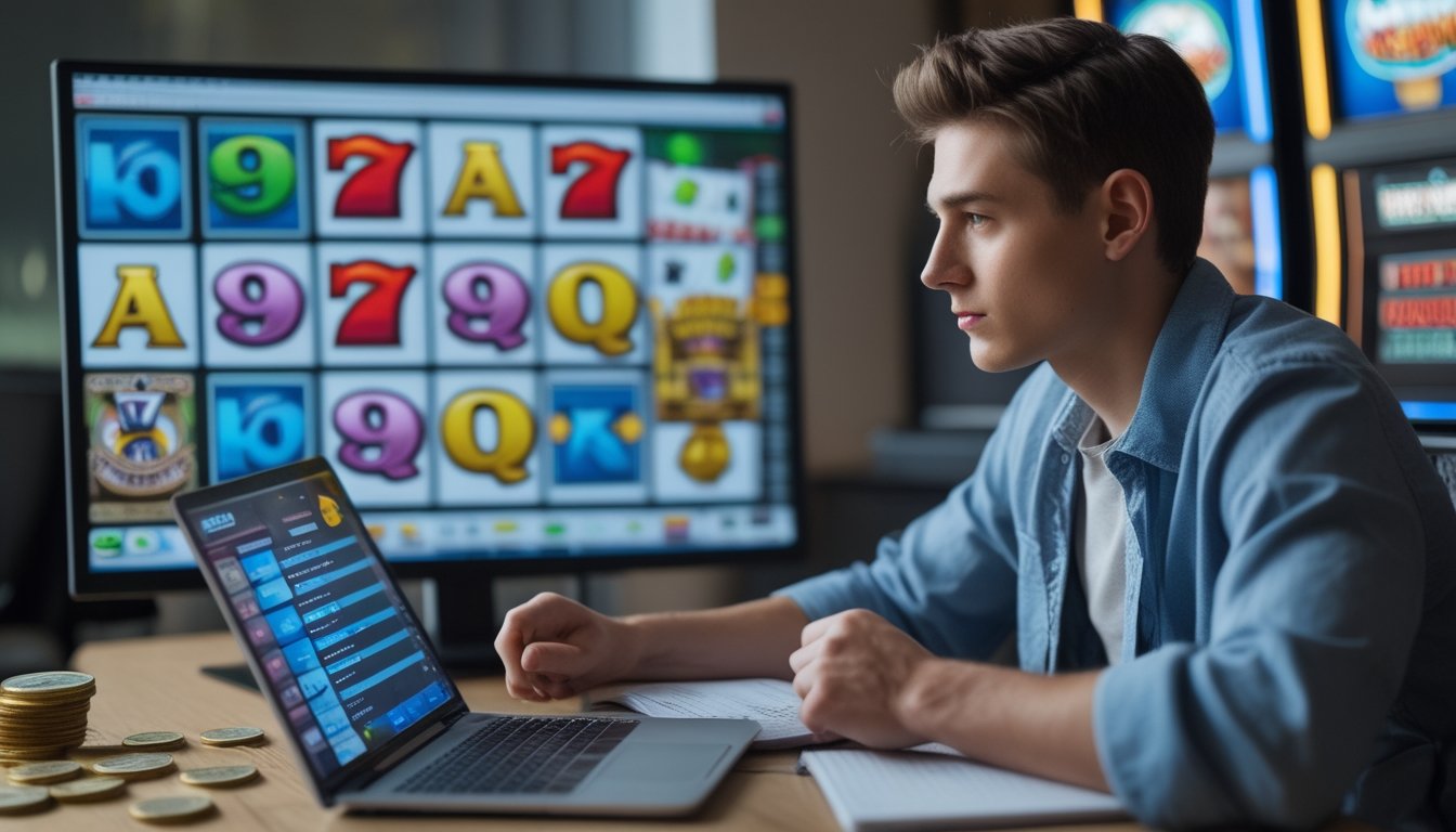 Seorang pemula sedang belajar memahami pola permainan slot dengan laptop dan catatan di meja.
