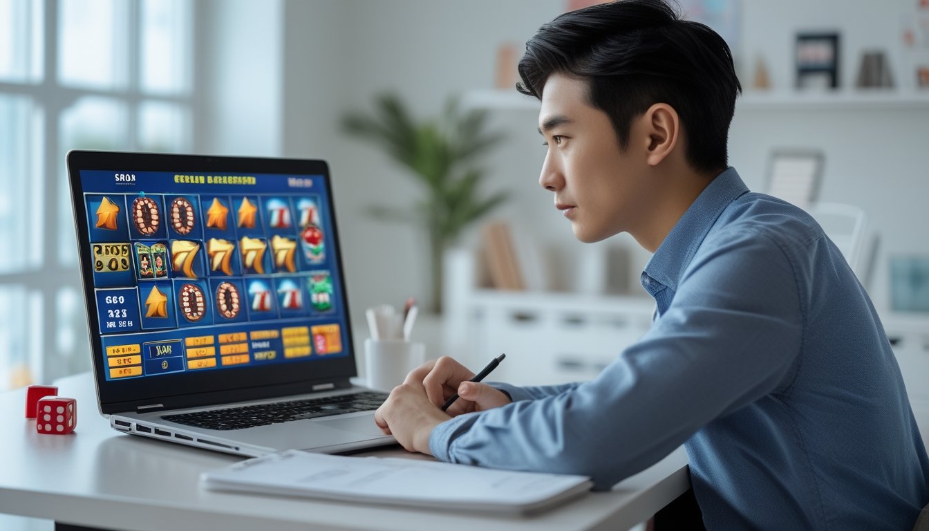 Seorang pria muda sedang belajar pola permainan togel slot di depan laptop dengan catatan di meja.