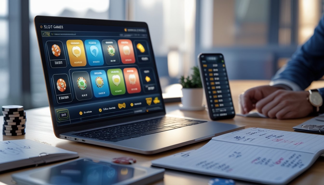 Meja kerja modern dengan laptop, buku catatan, dan ponsel yang menampilkan ikon permainan slot dan catatan terkait perjudian online.