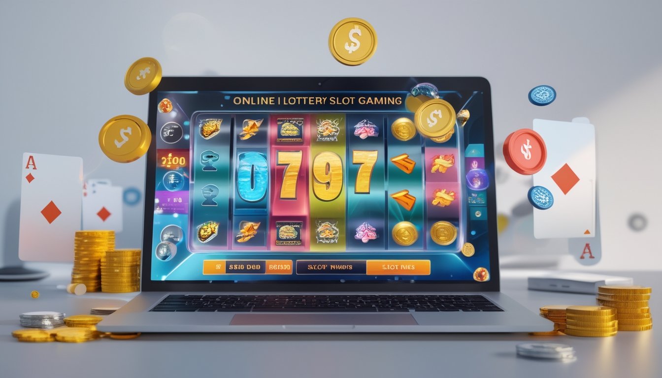 Sebuah komputer modern menampilkan grafis mesin slot dan angka lotere dengan koin dan kartu di sekitarnya.