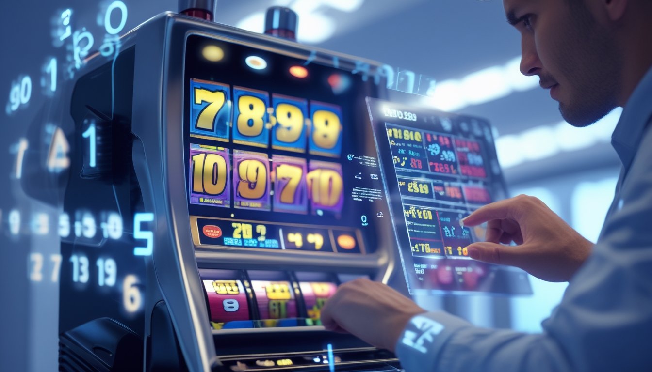 Seseorang sedang menggunakan mesin slot dengan angka-angka digital dan grafik mengambang di sekitarnya.