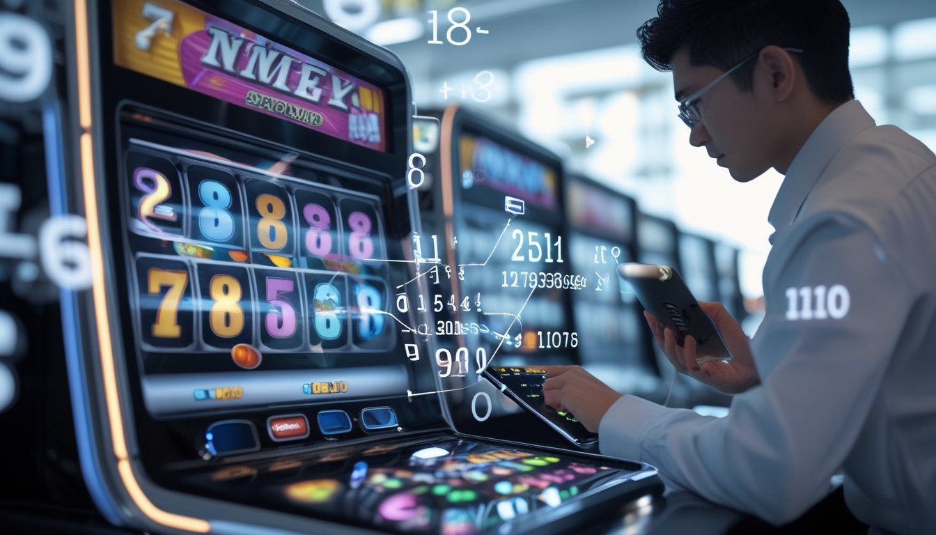 Seorang pemain fokus menggunakan tablet di depan mesin slot digital dengan angka dan simbol mengambang di sekitarnya.