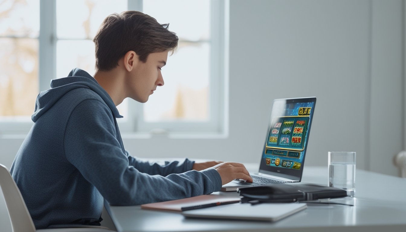 Seorang dewasa muda duduk di meja dengan laptop, bermain permainan slot online dengan fokus dan tenang.