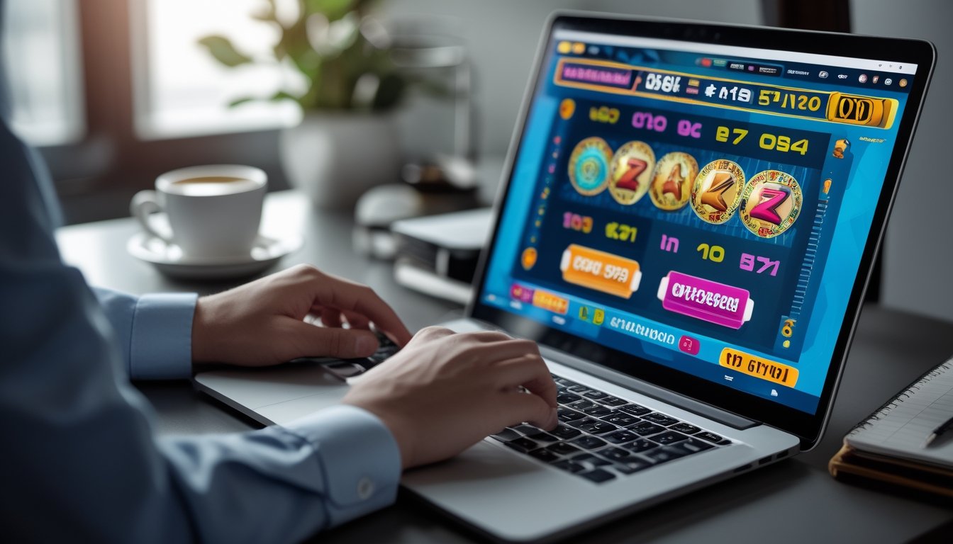 Seorang pengguna sedang bermain permainan Togel dan slot secara bijak di depan laptop di meja kerja yang rapi.