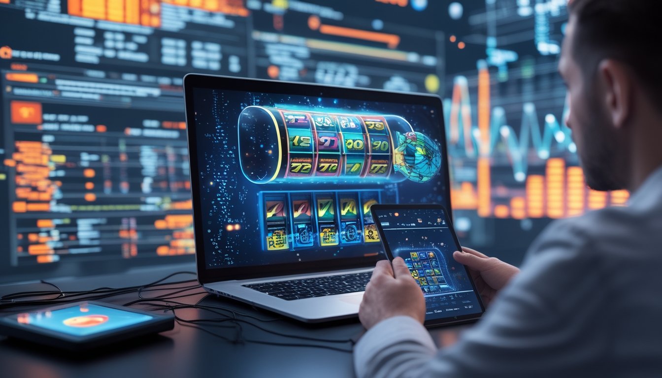 Seseorang sedang menganalisis hasil permainan slot digital dengan layar komputer menampilkan gulungan mesin slot dan elemen digital di sekitarnya.