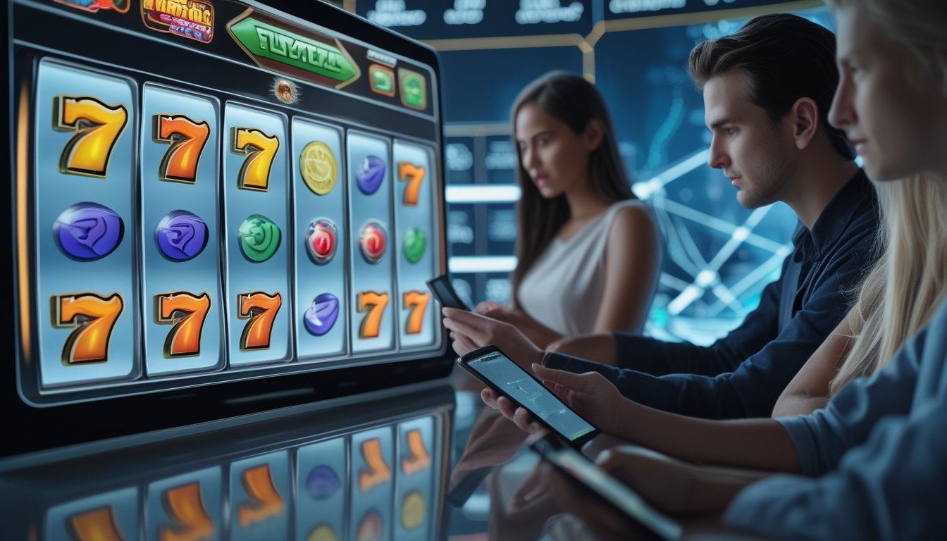 Orang-orang menggunakan perangkat digital untuk bermain permainan slot dengan antarmuka mesin slot berwarna-warni di layar sentuh.
